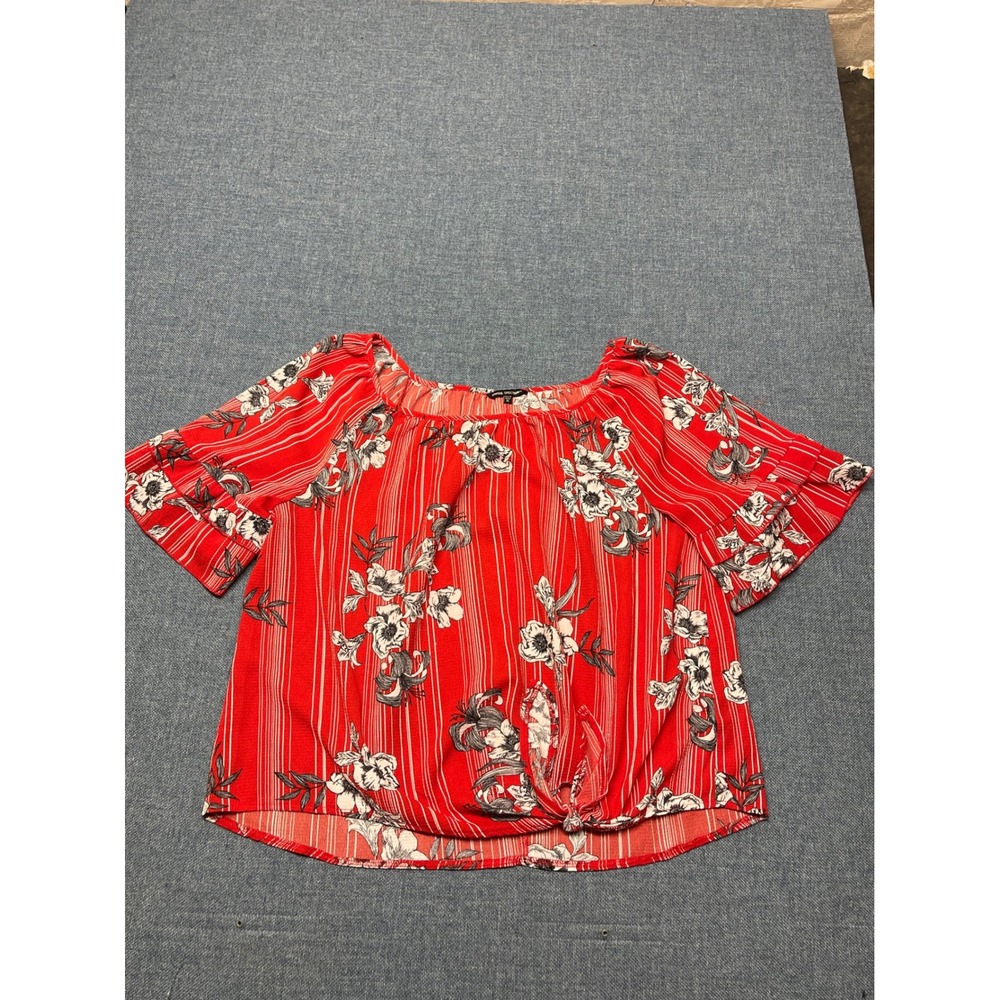 Unique Spectrum Red Floral Striped Tie Front Ruffle Sleeve Blouse XL Womens